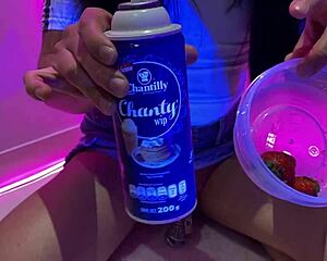 Preparing strawberries with cream from my ass