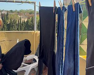 The neighbor works in the washing machine room